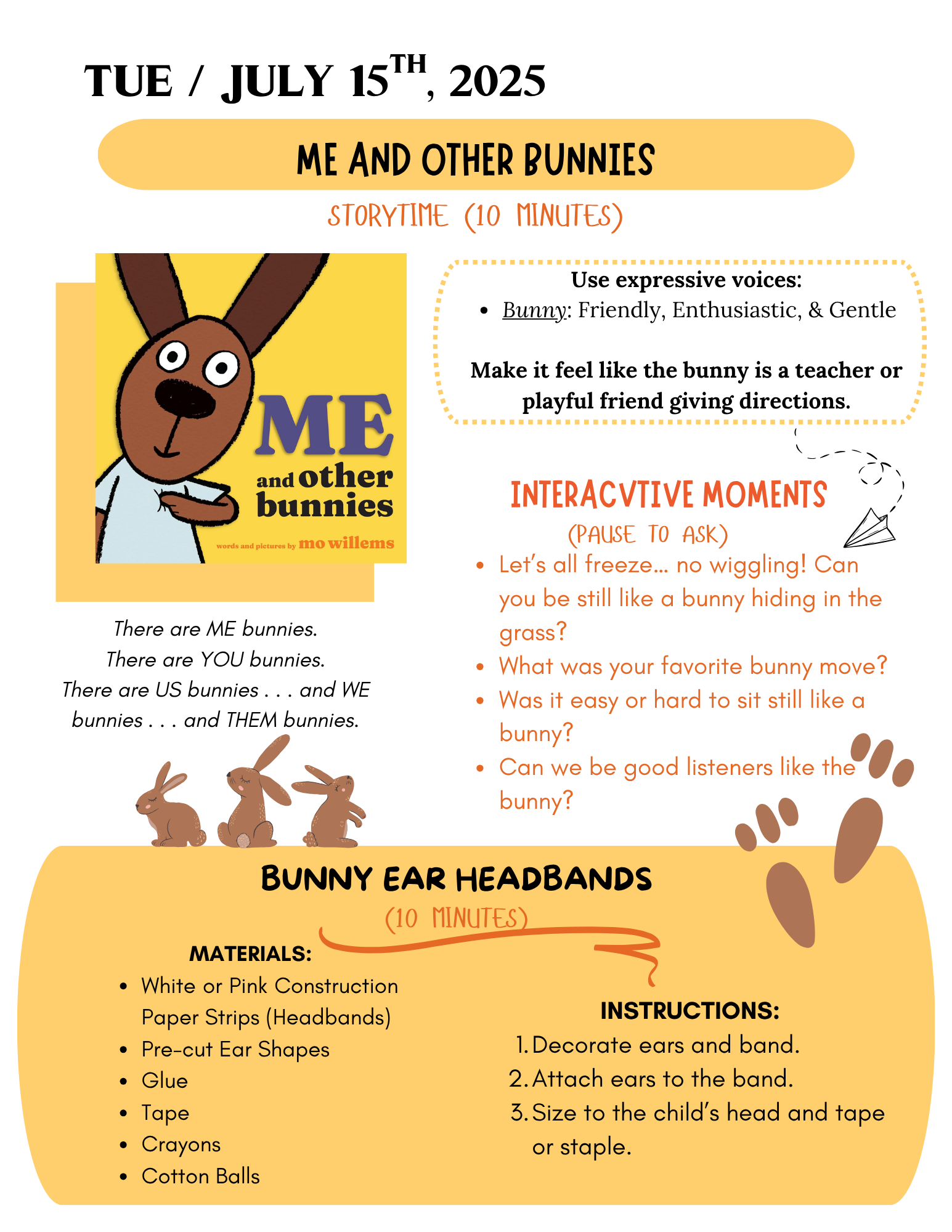 Storytime activity plan for “Me and Other Bunnies” with book, interactive questions, and bunny ear craft instructions for July 15, 2025.