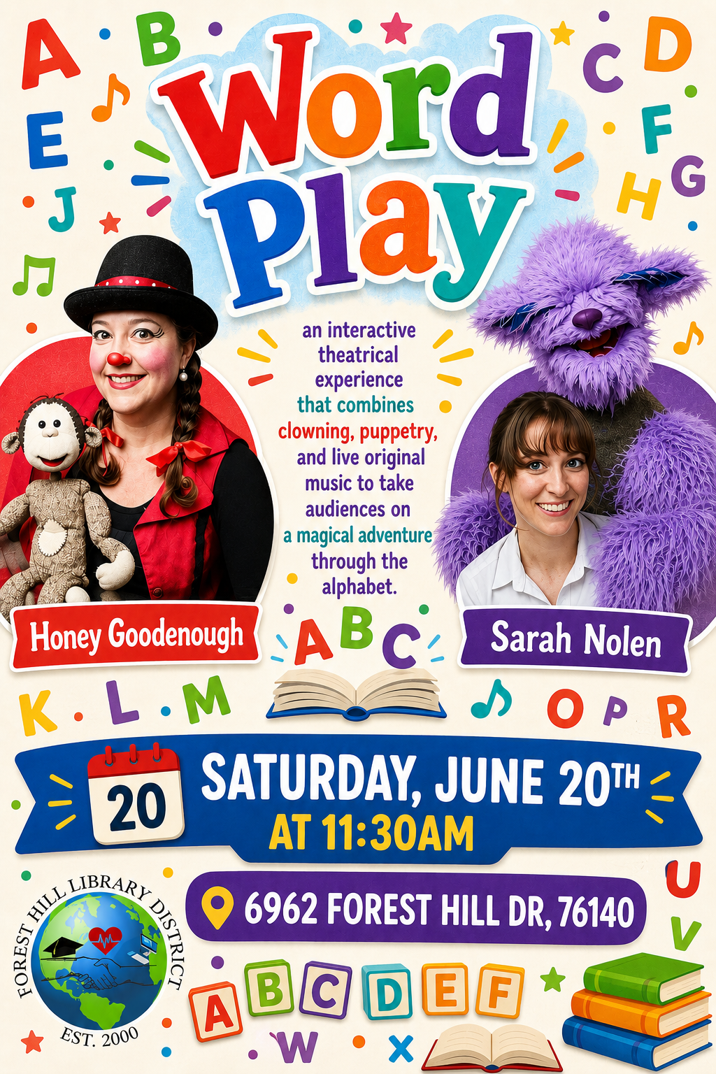 The image promotes "Word Play," an interactive kids' theater event with Honey Goodenough and Sarah Nolen on June 20 at 11:30 AM.