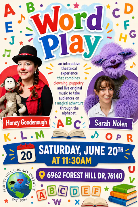 The image promotes "Word Play," an interactive kids' theater event with Honey Goodenough and Sarah Nolen on June 20 at 11:30 AM.