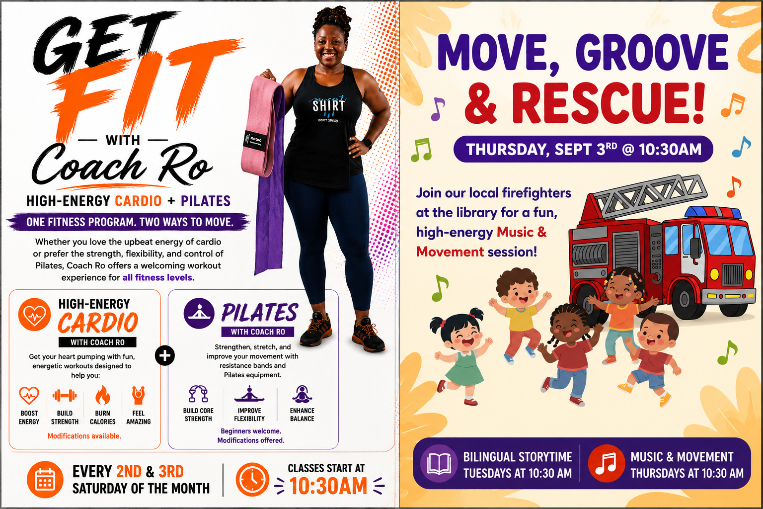 Promotional flyer for fitness classes with Coach Ro (cardio & Pilates) and a community music event with local firefighters.