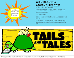 Wild Reading Adventures 2021 flyer with sun logo and green turtle, rabbit, and snail illustration for "Tails and Tales" event.