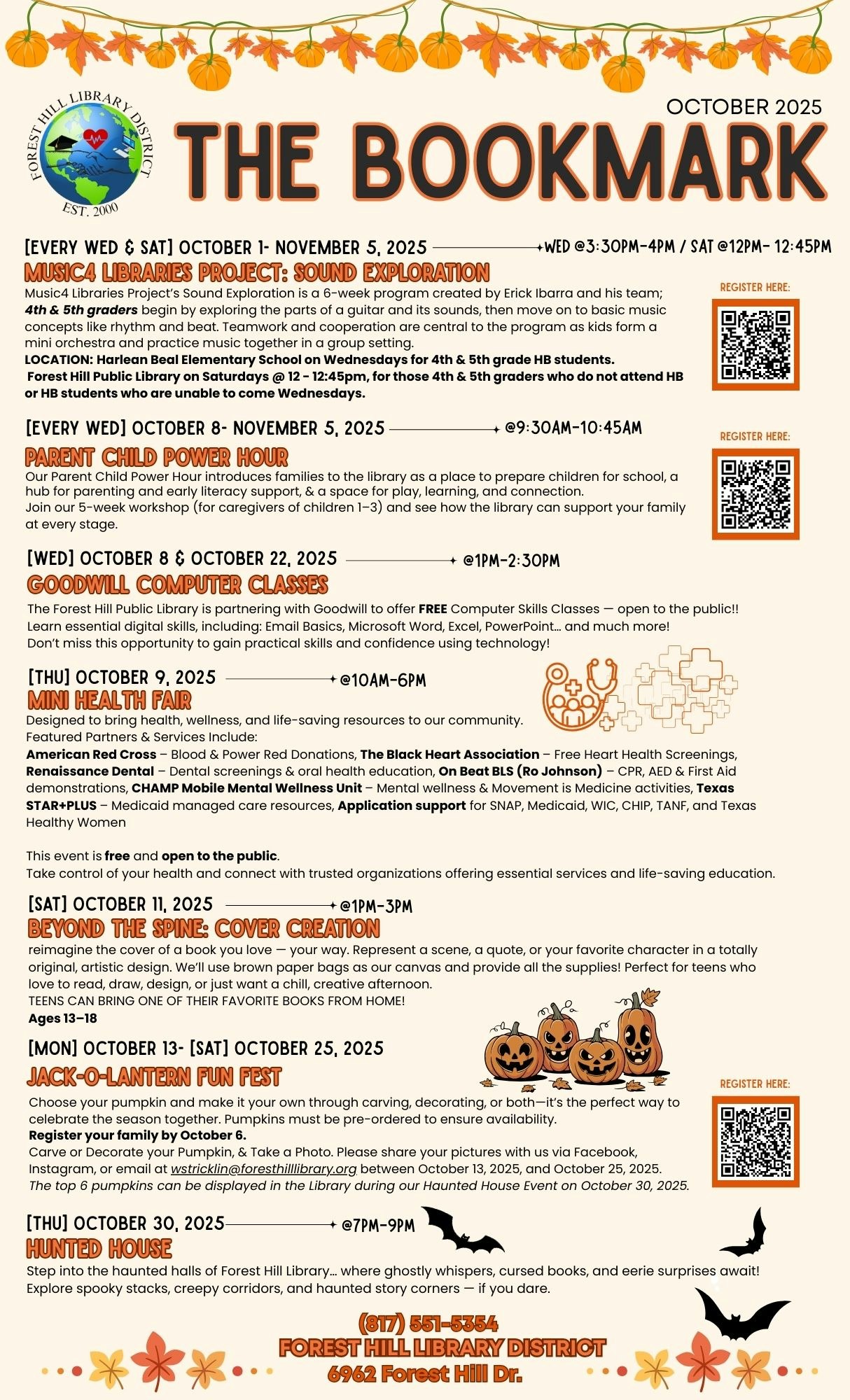 A flyer for Forest Hill Library District with events in October 2025, including workshops, festivals, and other activities.