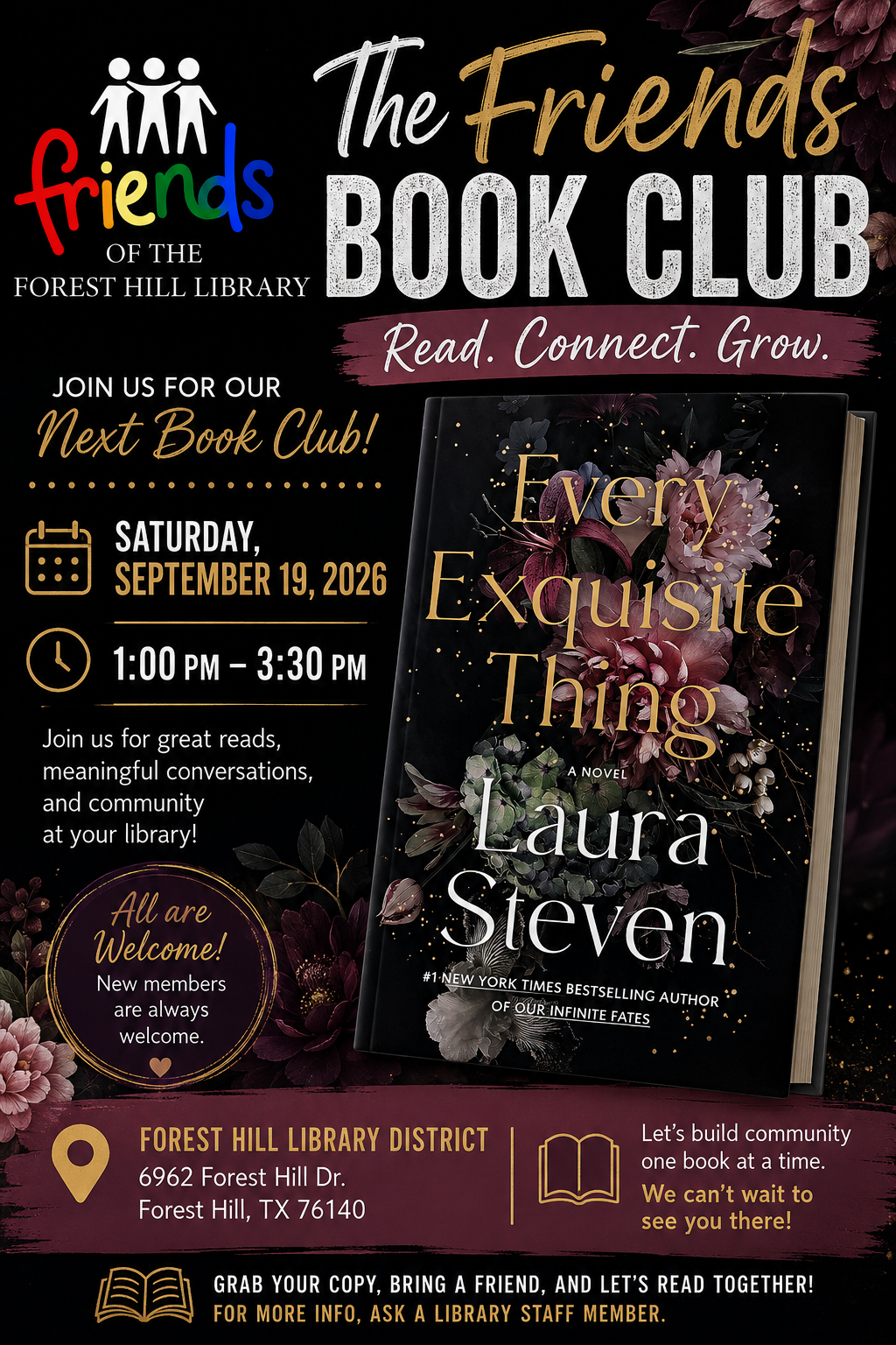 Forest Hill Library's book club meets September 19, 2026, 1-3:30 PM, discussing "Every Exquisite Thing" by Laura Steven. All welcome!
