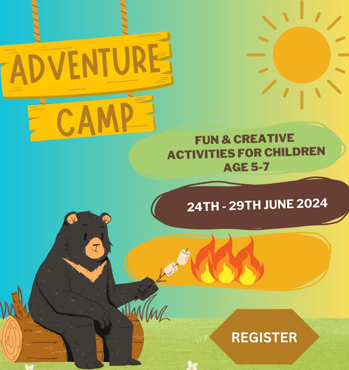 Adventure Camp for ages 5-7 from June 24-29, 2024. Features activities, a bear with marshmallows, a fire, and a register button.