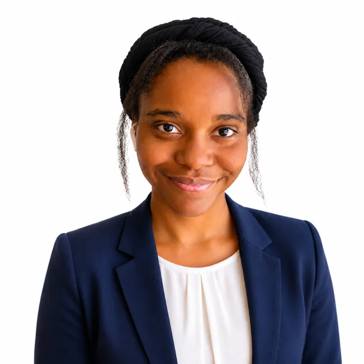 A smiling young woman in a navy blazer and white blouse, with her hair tied up, against a white background.