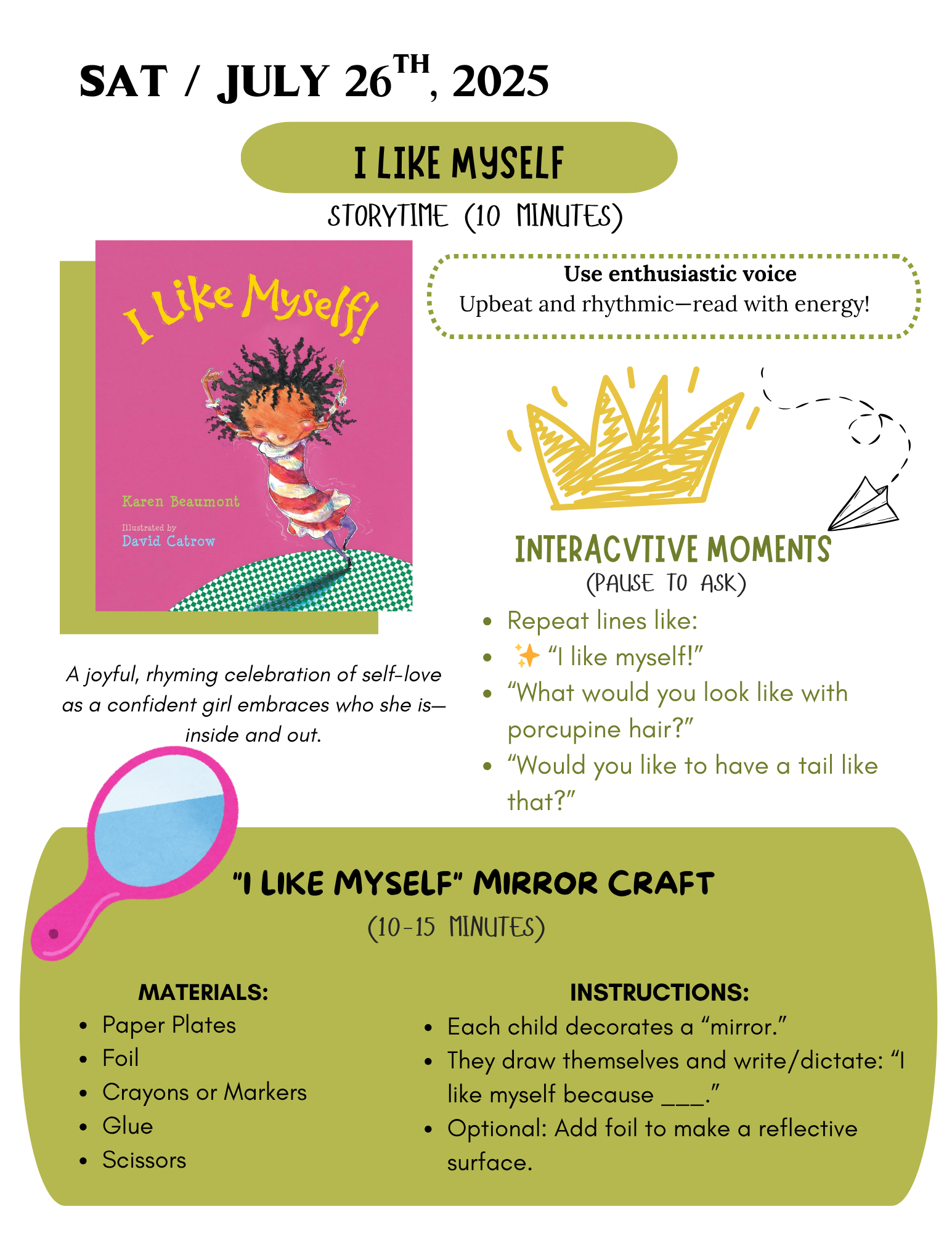 Storytime event on July 26, 2025, featuring "I Like Myself!" with activities, craft instructions, and interactive questions.