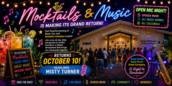 Join us for "Mocktails & Music" on October 10 at Jerline M Harvey Public Library for an open mic night with Misty Turner!