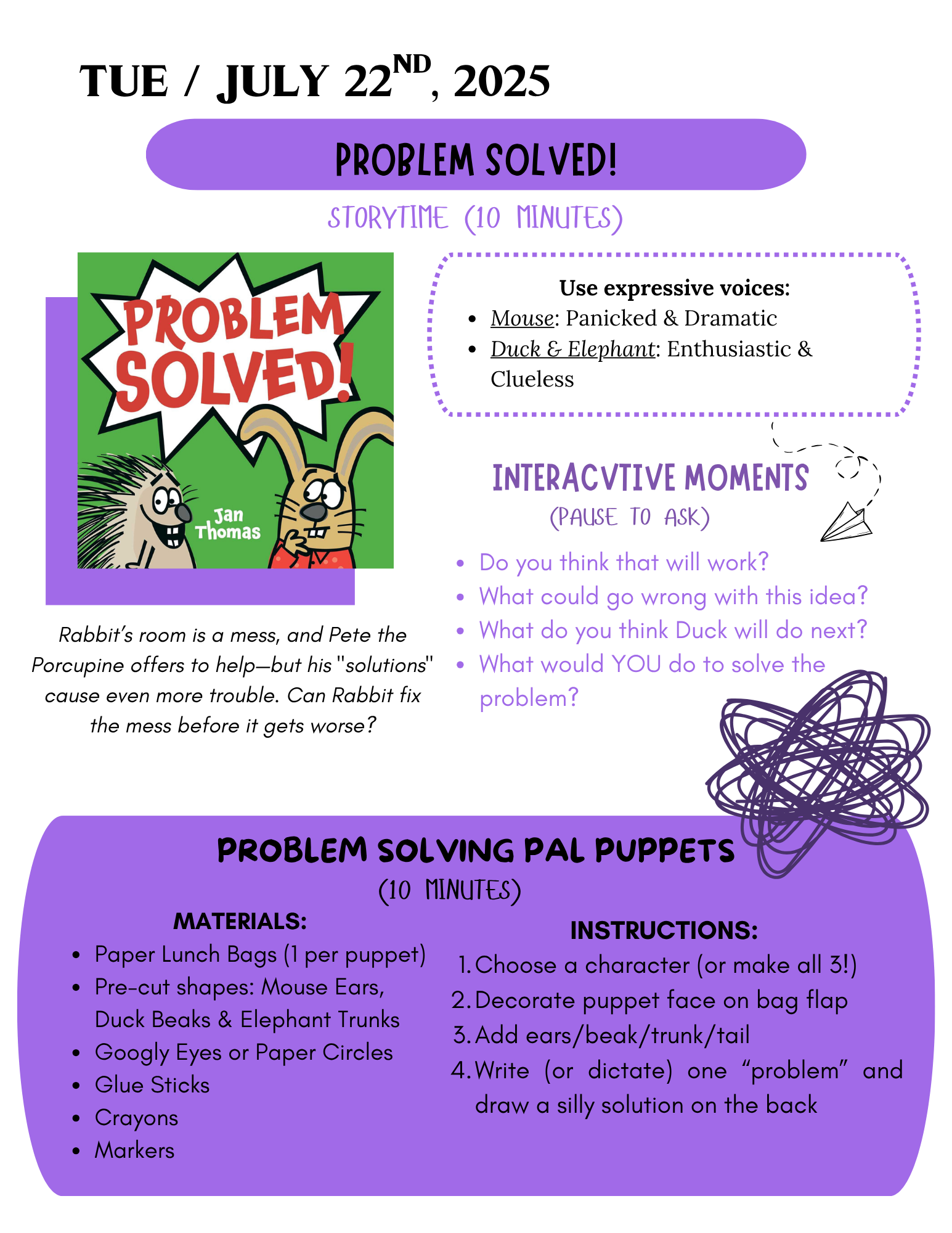 A lesson plan for July 22, 2025, featuring "Problem Solved!" storytime and puppet-making activities to teach problem-solving skills.