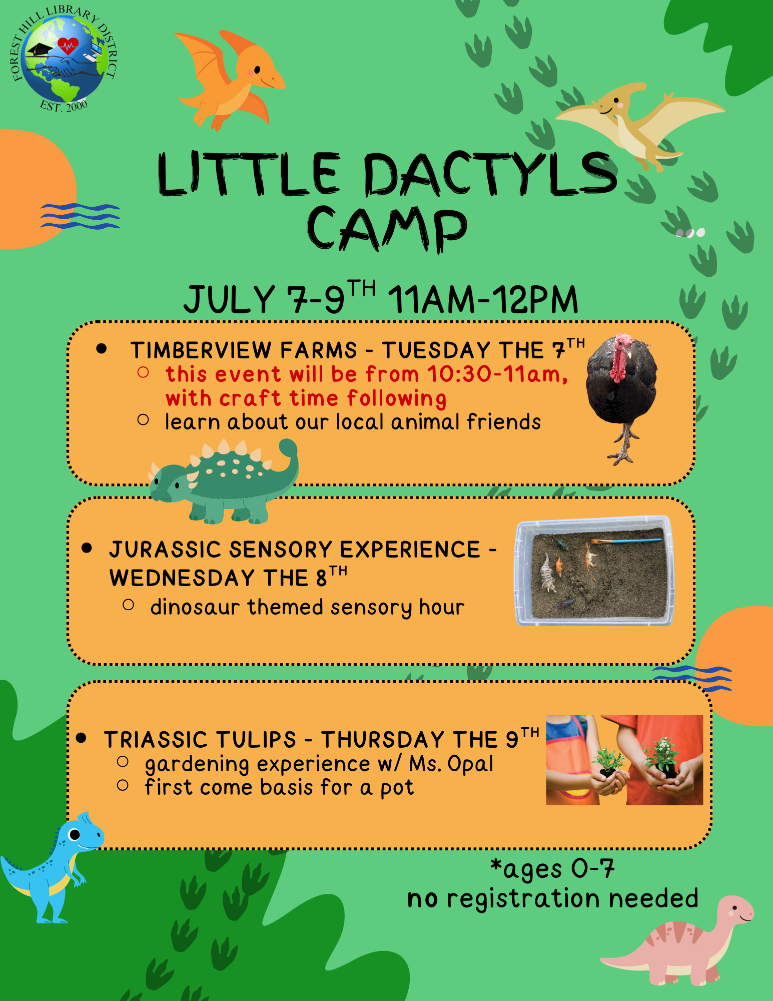 Join the Little Dactyls Camp from July 7-9, 11 AM-12 PM for fun activities focusing on animals, sensory experiences, and gardening!