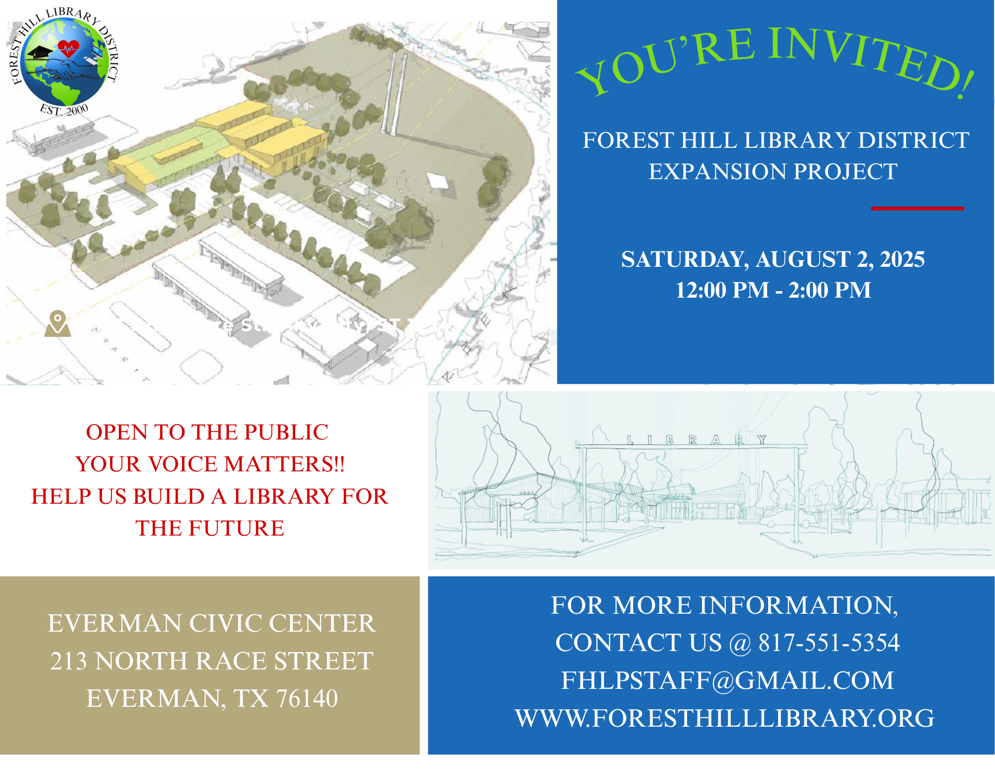 Invitation to Forest Hill Library District Expansion event, August 2, 2025, at Everman Civic Center. Public input encouraged.