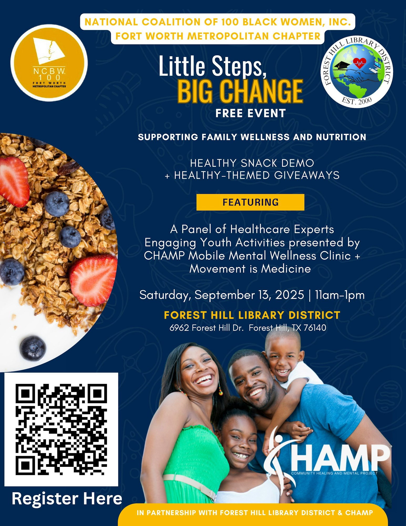 Flyer for a free family wellness event on Sep 13, 2025, at Forest Hill Library, with activities, giveaways, and a healthcare panel.
