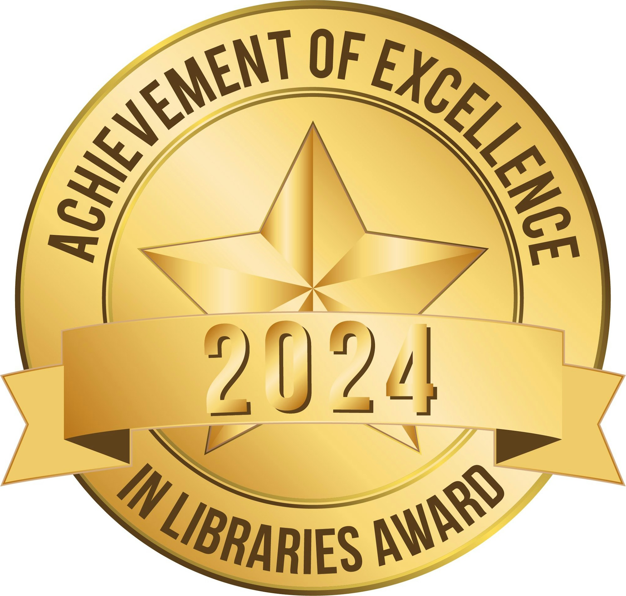 Gold badge reading "Achievement of Excellence in Libraries Award 2024" with a star design.