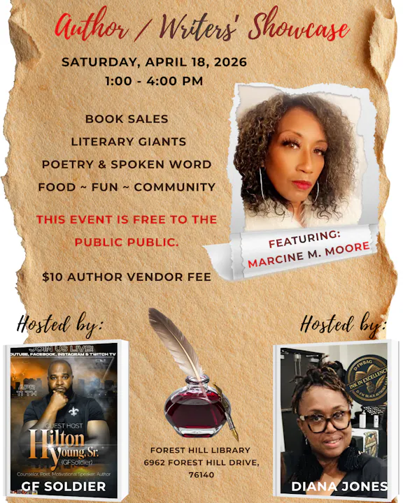Author/Writers' Showcase on April 18, 2026, at Forest Hill Library. Free event with book sales, poetry, and more!