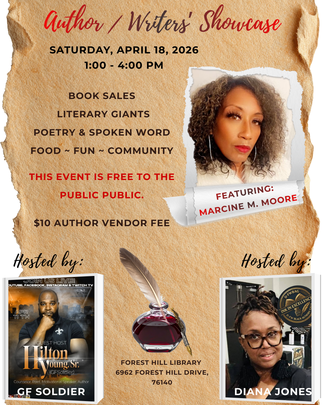 Author/Writers' Showcase on April 18, 2026, at Forest Hill Library. Free event with book sales, poetry, and more!