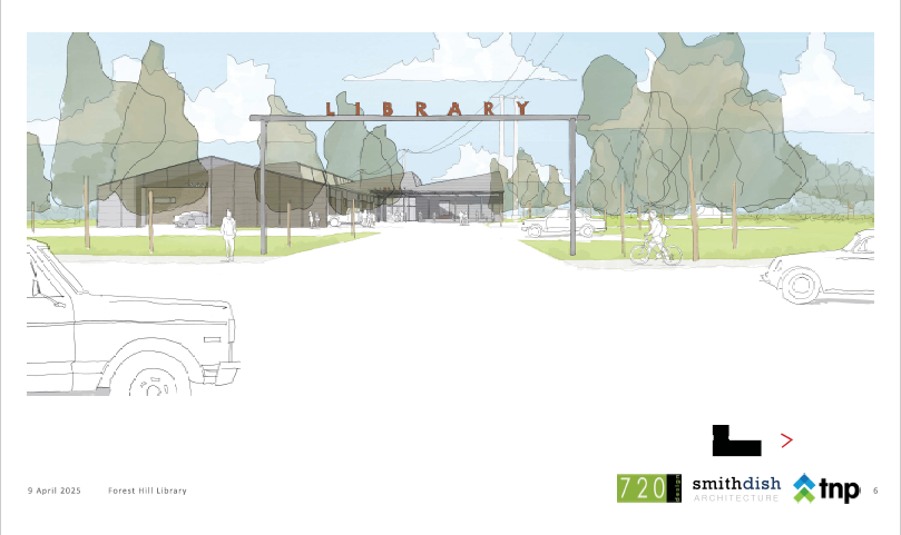 Illustration of Forest Hill Library's front view with trees, cars, and people; labeled by smithdish architecture.