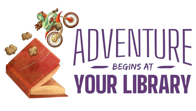 Motorcyclist jumps over an open book with the text "Adventure begins at your library."