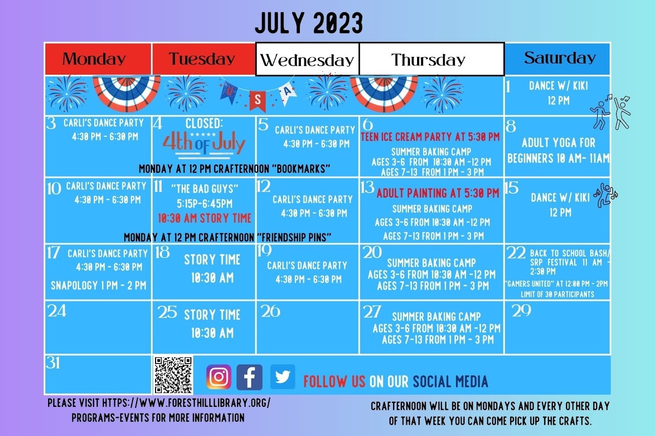 July 2023 library events calendar with activities like dance parties, baking camps, and story time.