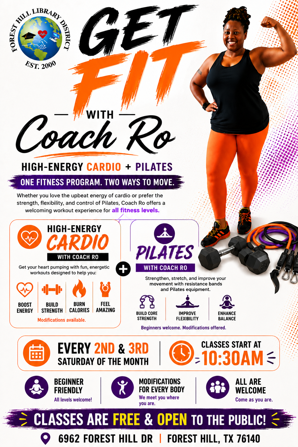 Fitness classes with Coach Ro featuring high-energy cardio and Pilates, free and welcoming to all, held every 2nd & 3rd Saturday.
