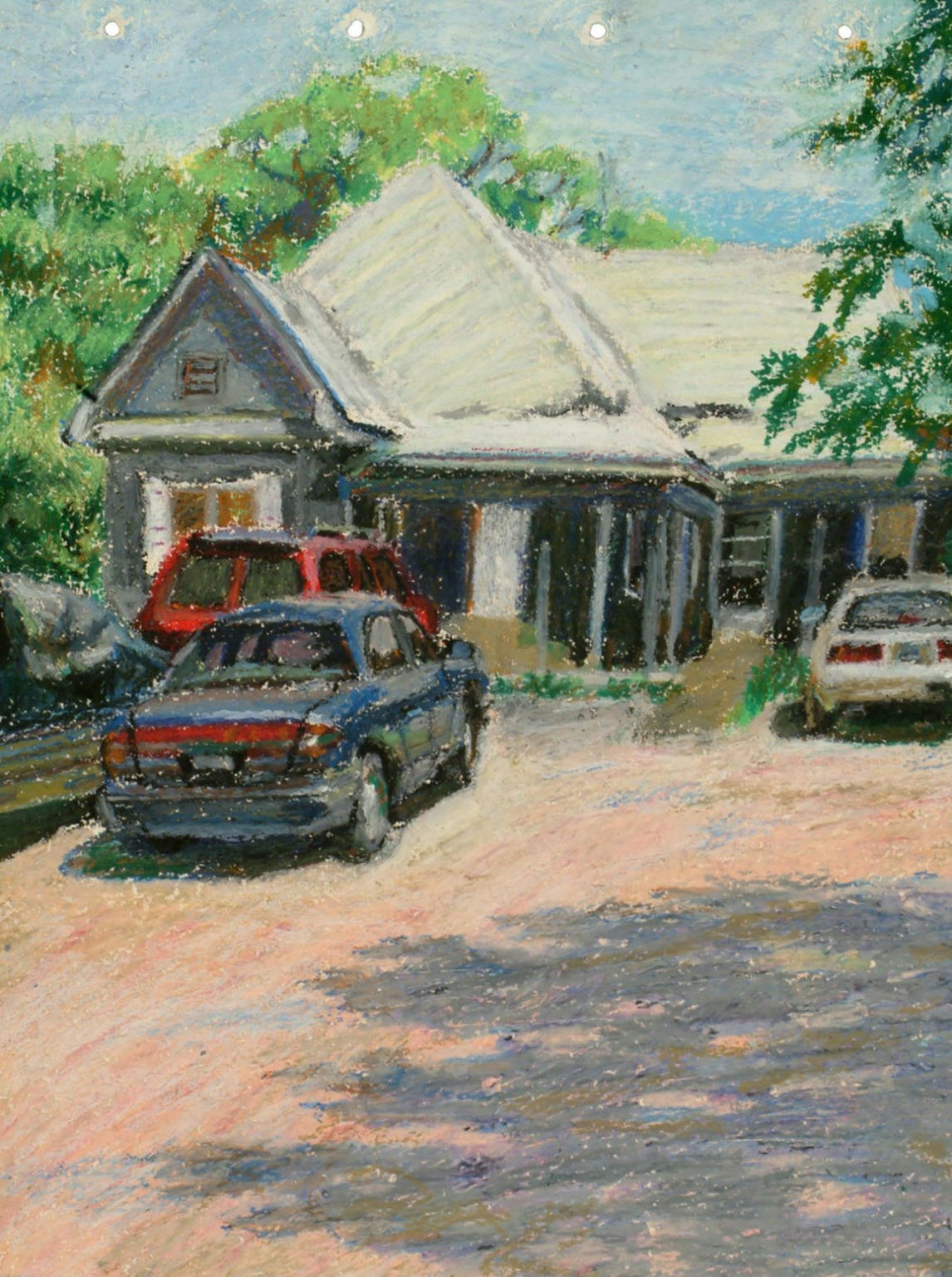 A painting of cars parked in front of a house with a white roof, surrounded by trees.