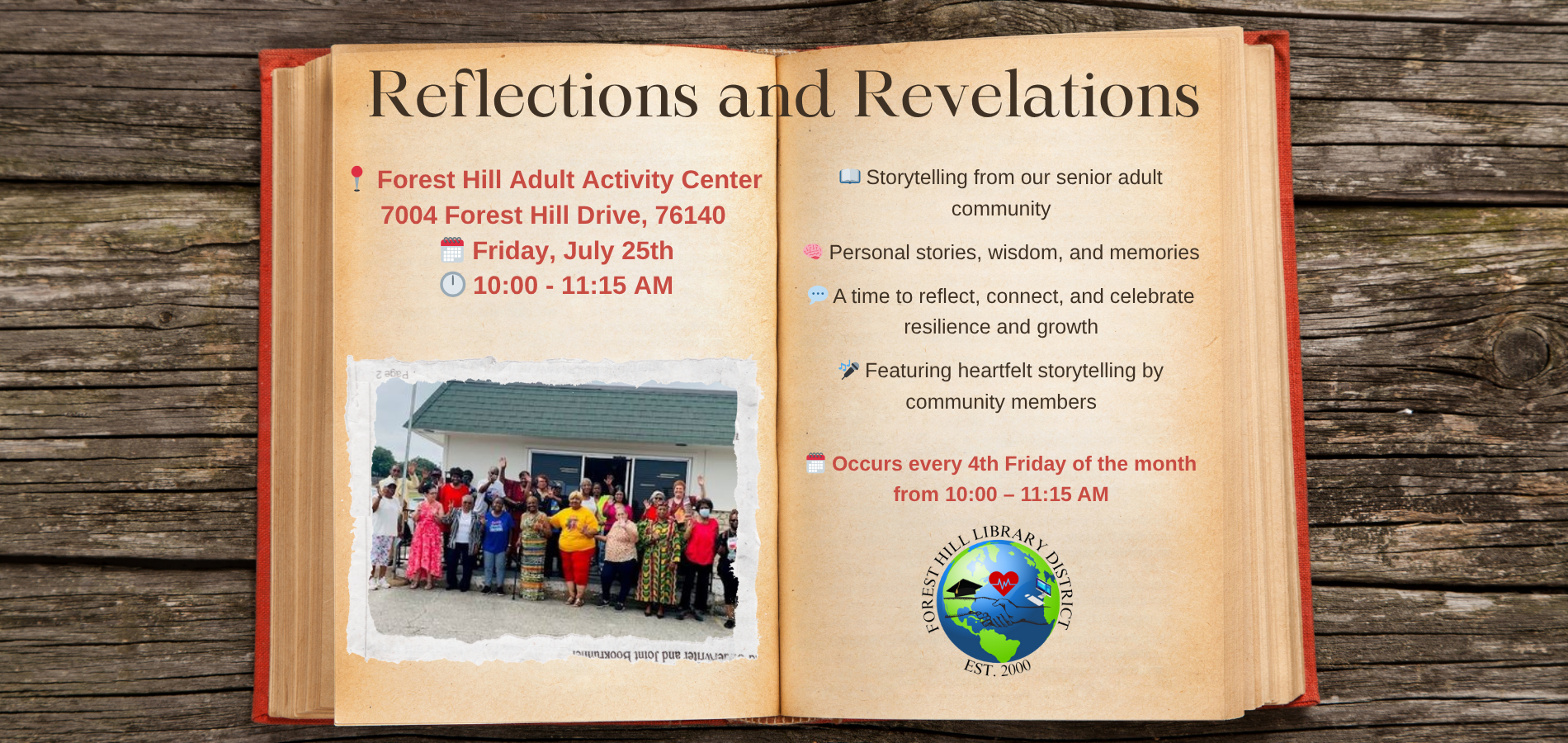 Event "Reflections and Revelations" at Forest Hill Adult Activity Center, featuring storytelling by seniors, every 4th Friday monthly.