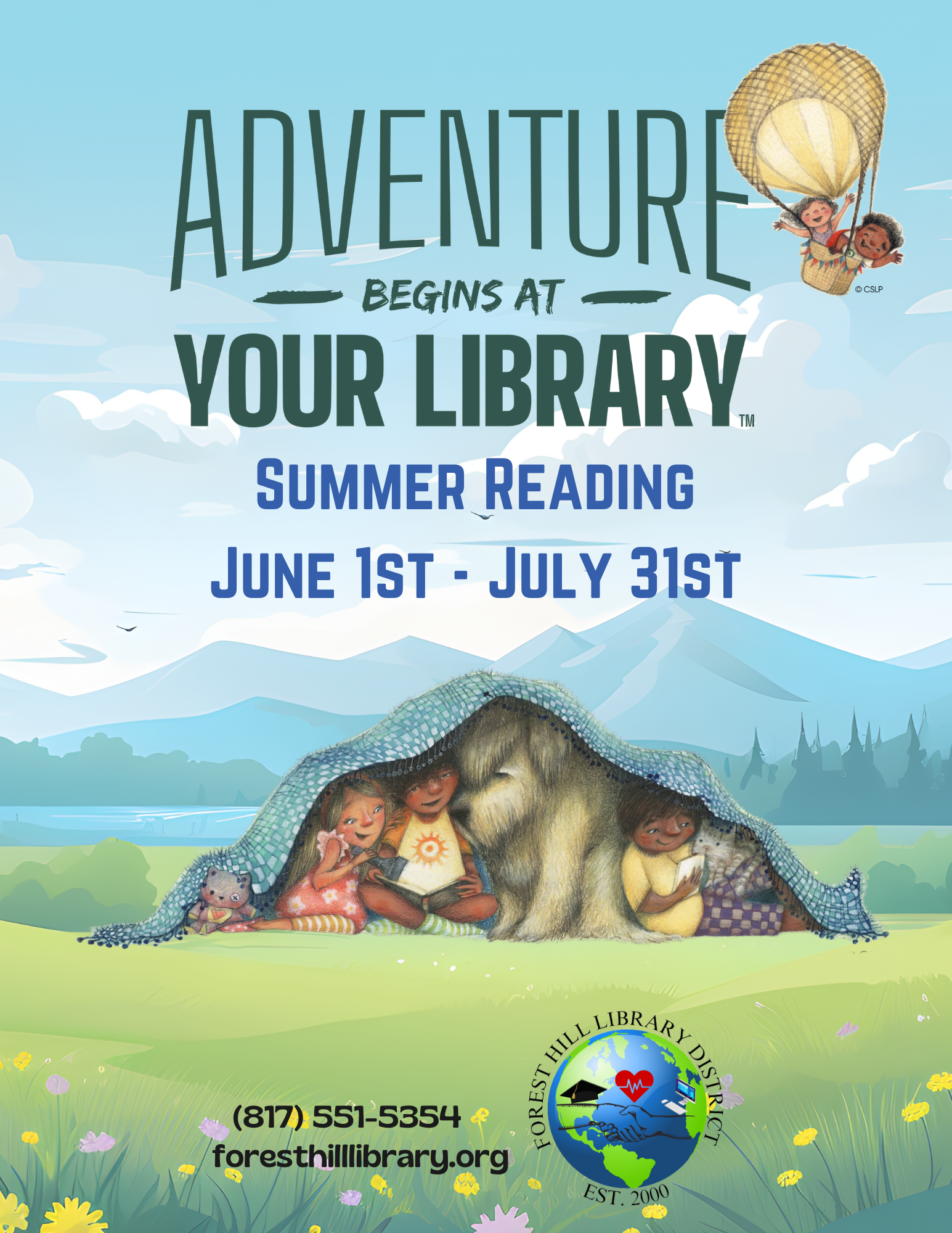 Kids and a bear reading under a blanket in a field. "Adventure Begins at Your Library" with summer reading dates and contact info.