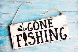 A wooden sign reads "Gone Fishing" with a fish design, set against a blue background.