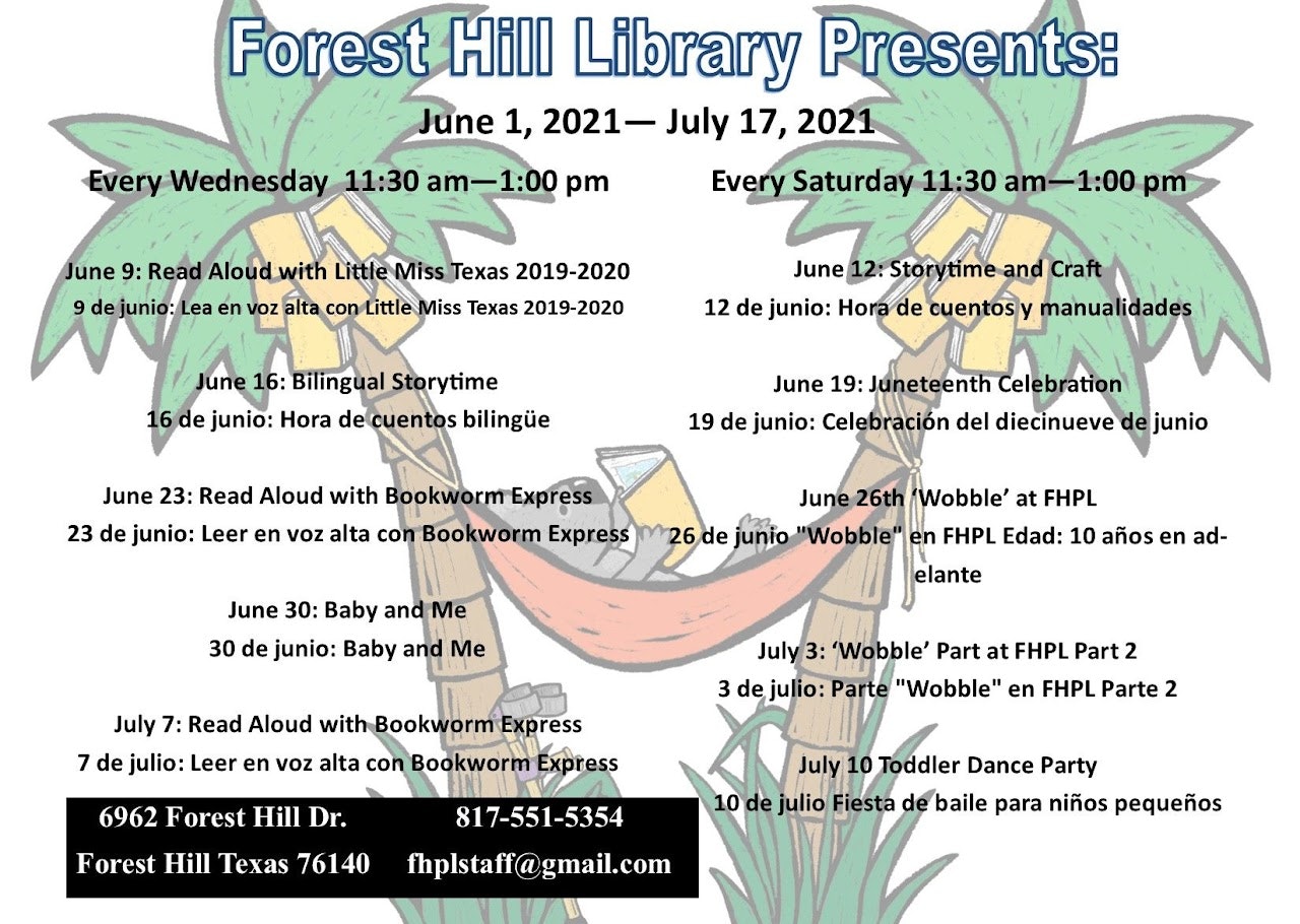 Forest Hill Library events from June 1 to July 17, 2021, including storytime, crafts, and celebrations in English and Spanish.