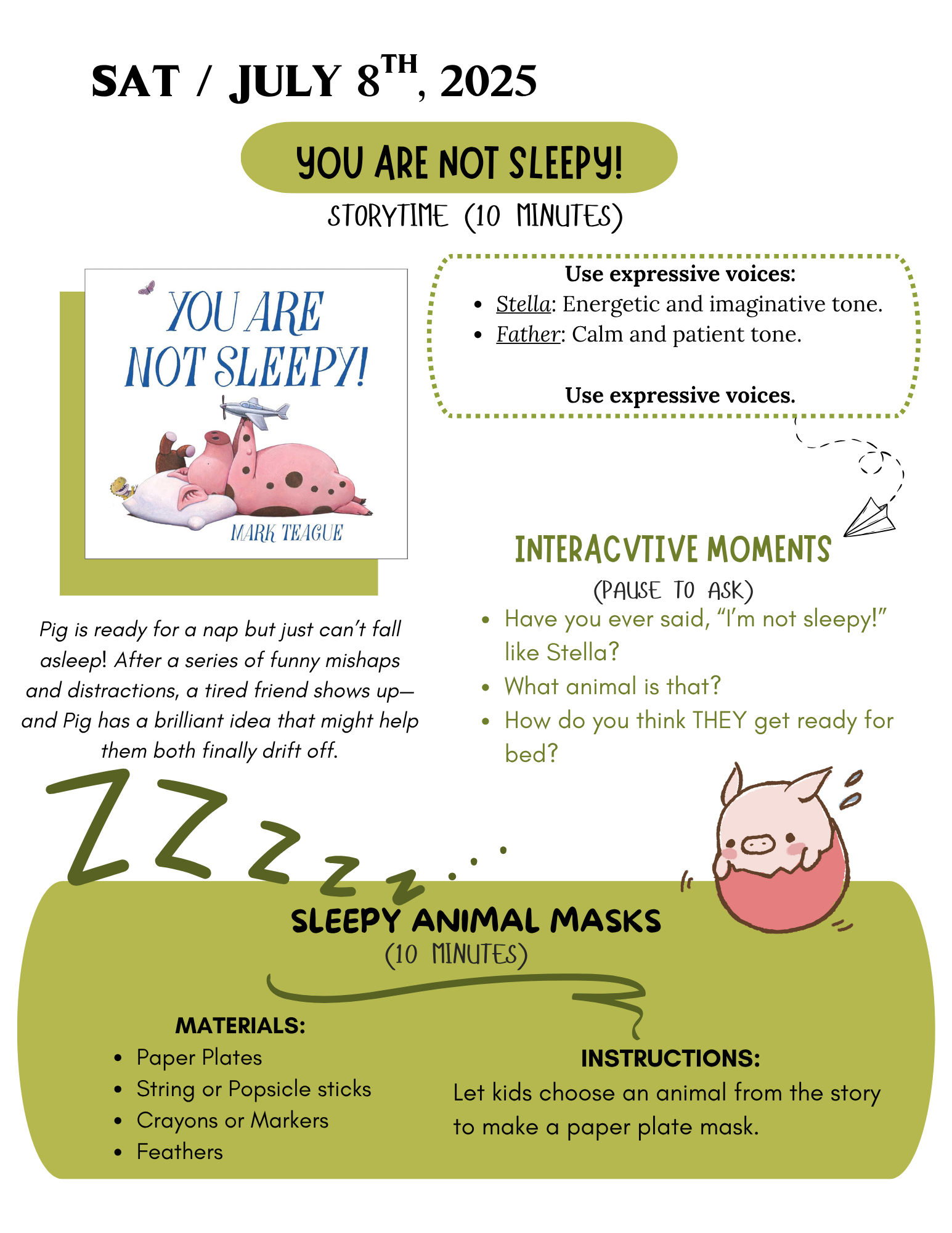 Storytime and craft activity for "You Are Not Sleepy!" on July 8, 2025. Includes voice use, questions, and mask-making with kids.