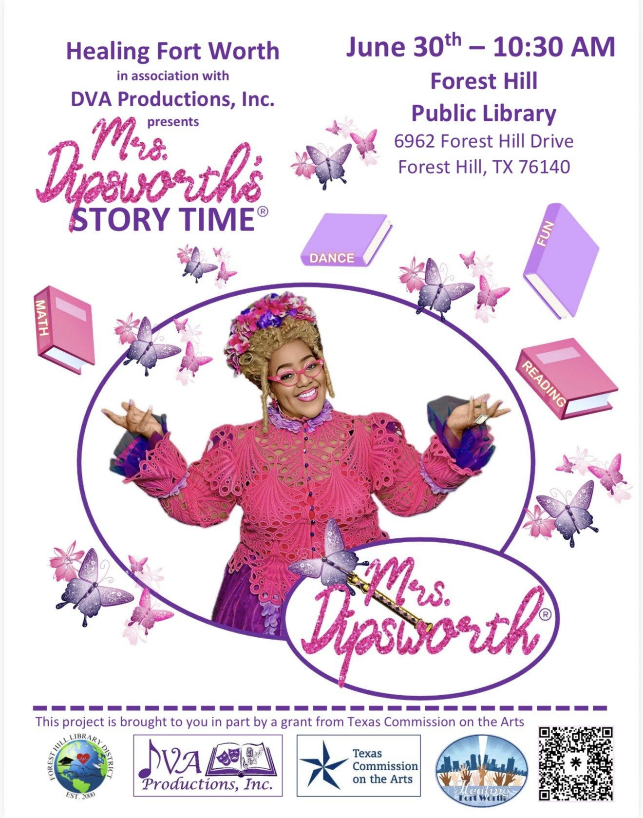 The image promotes "Mrs. Dipsworth's Story Time" event on June 30 at Forest Hill Library, featuring fun activities like reading and dancing.