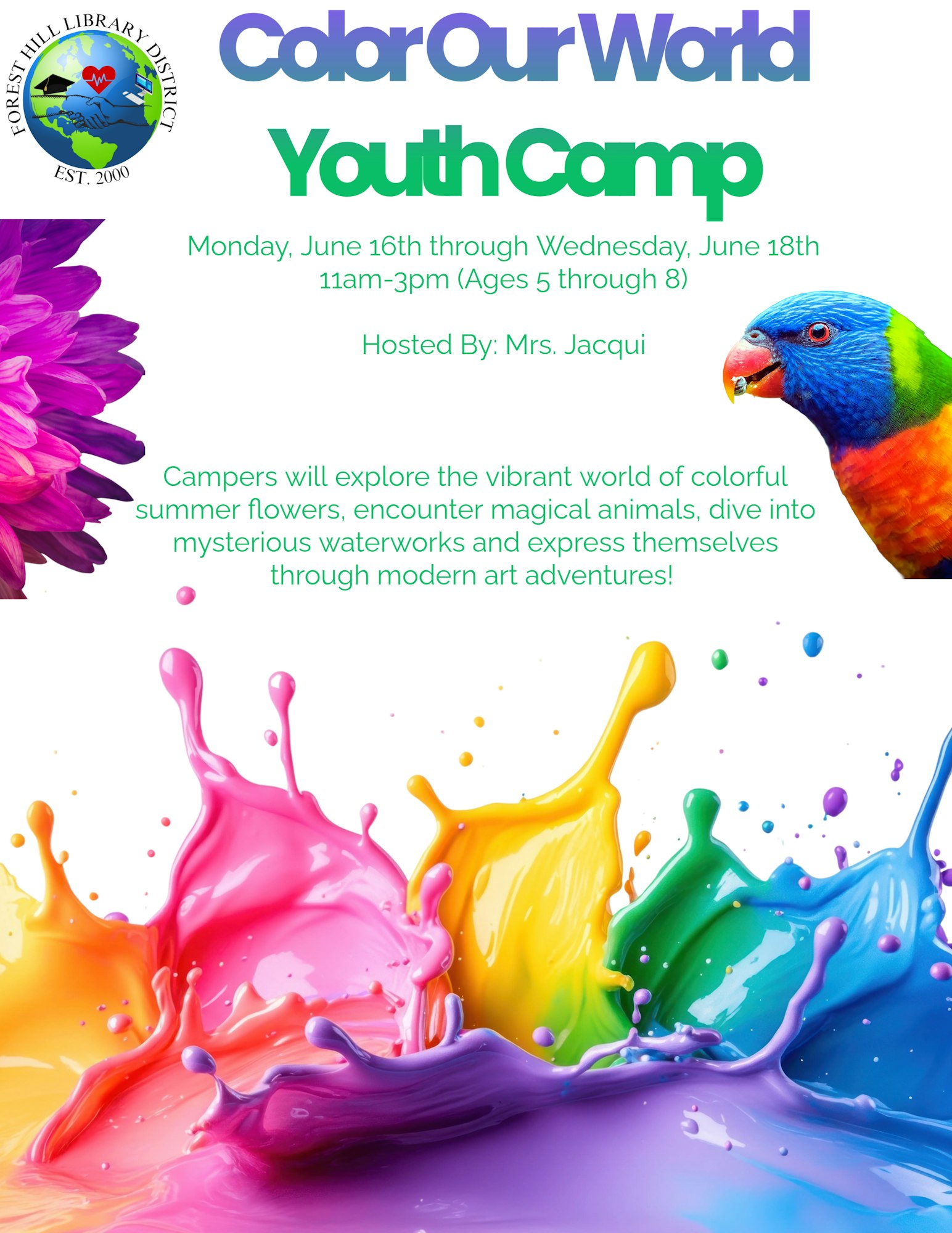 "Color Our World Youth Camp" flyer for ages 5-8, June 16-18, 11am-3pm. Hosted by Mrs. Jacqui, featuring vibrant art activities.