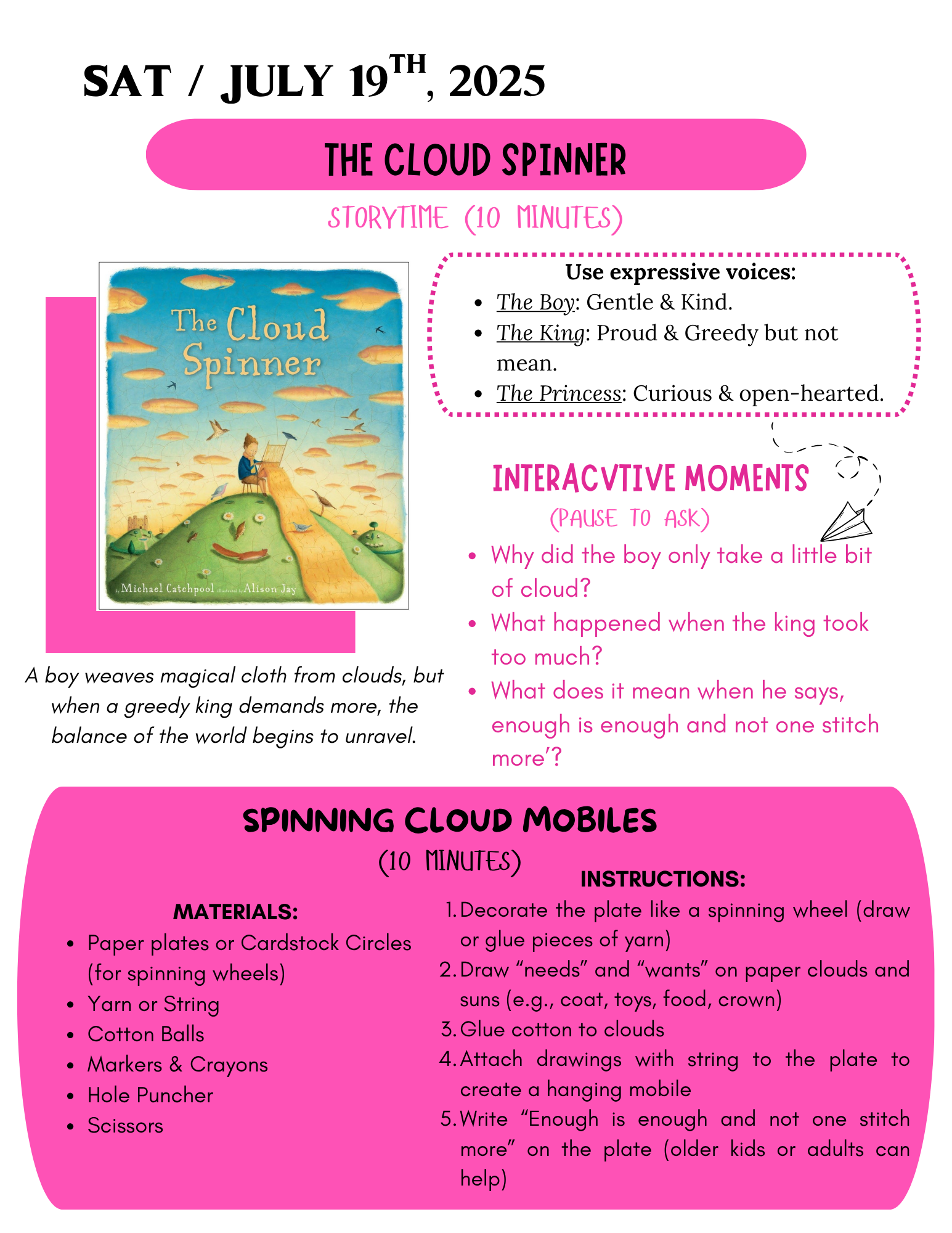 Storytime about "The Cloud Spinner" with interactive moments and a crafting activity to create spinning cloud mobiles.