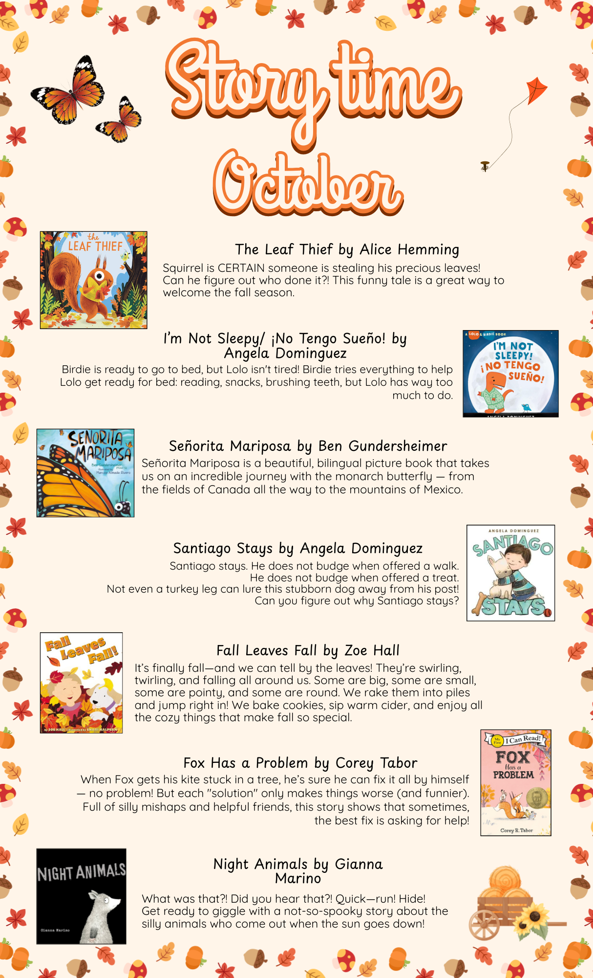 Story time October features kids' books about autumn, animals, and adventures with charming illustrations and descriptions.