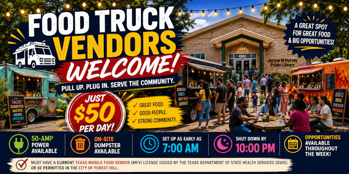 Event inviting food truck vendors for $50/day at a library, offering power, dumpsters, and community engagement. Set up 7 AM-10 PM.