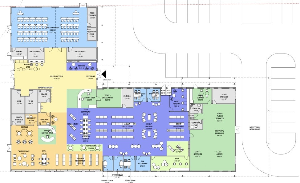 It's a floor plan of a library showing different areas like meeting rooms, quiet reading, staff spaces, and various collections sections.