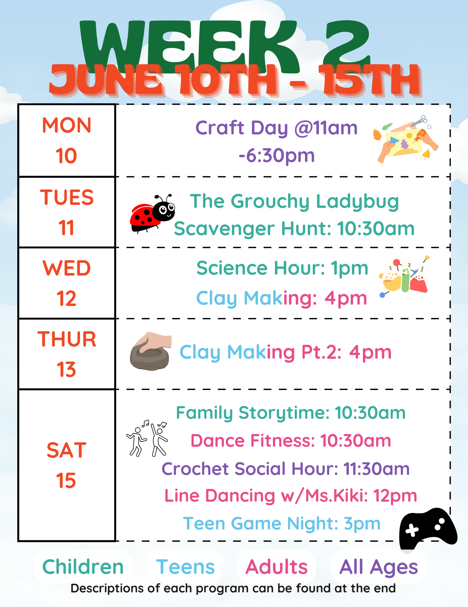 Weekly program schedule from June 10th-15th with activities for children, teens, adults, and all ages.
