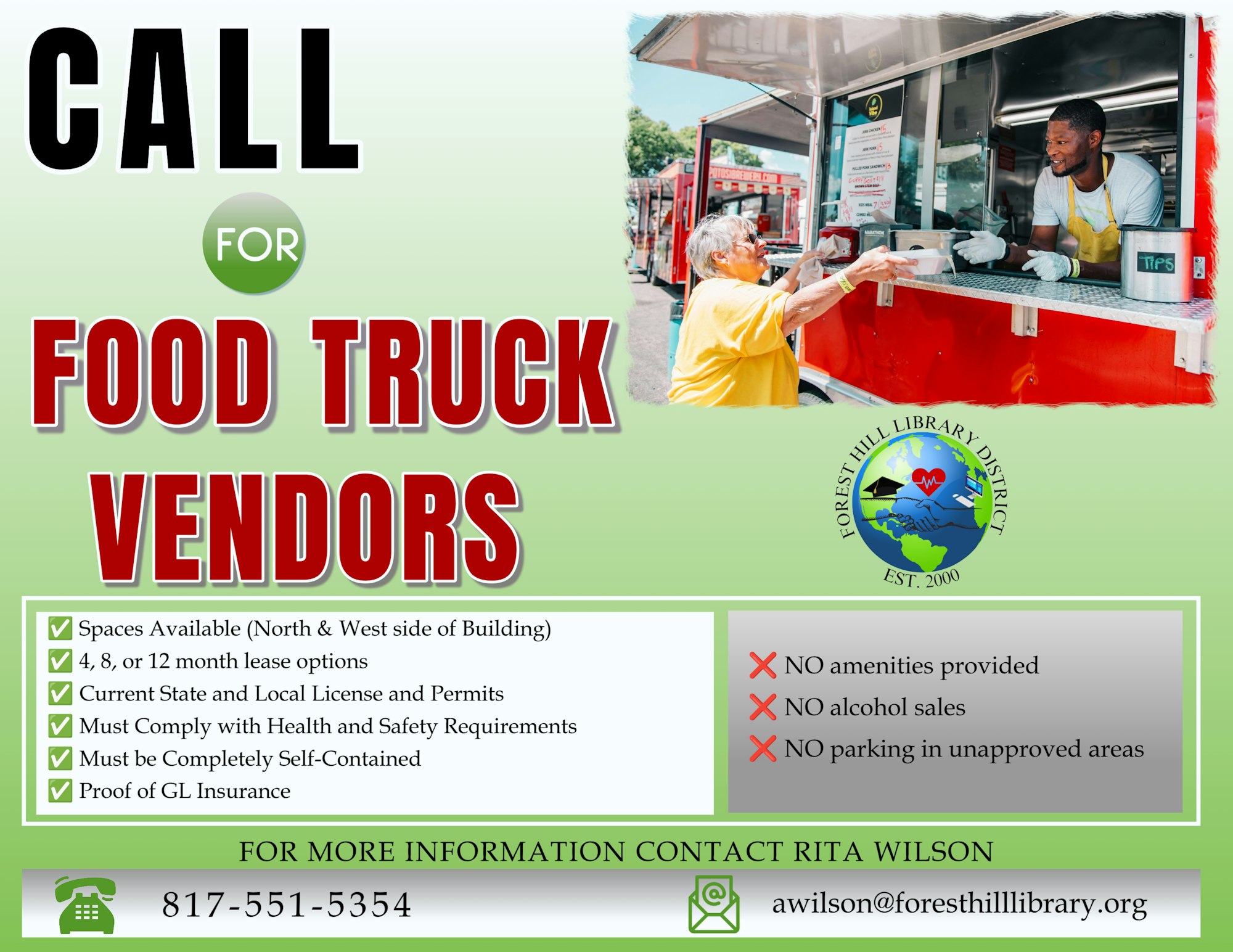 Call for food truck vendors at Forest Hill Library District. Spaces available, no amenities, contact info provided.