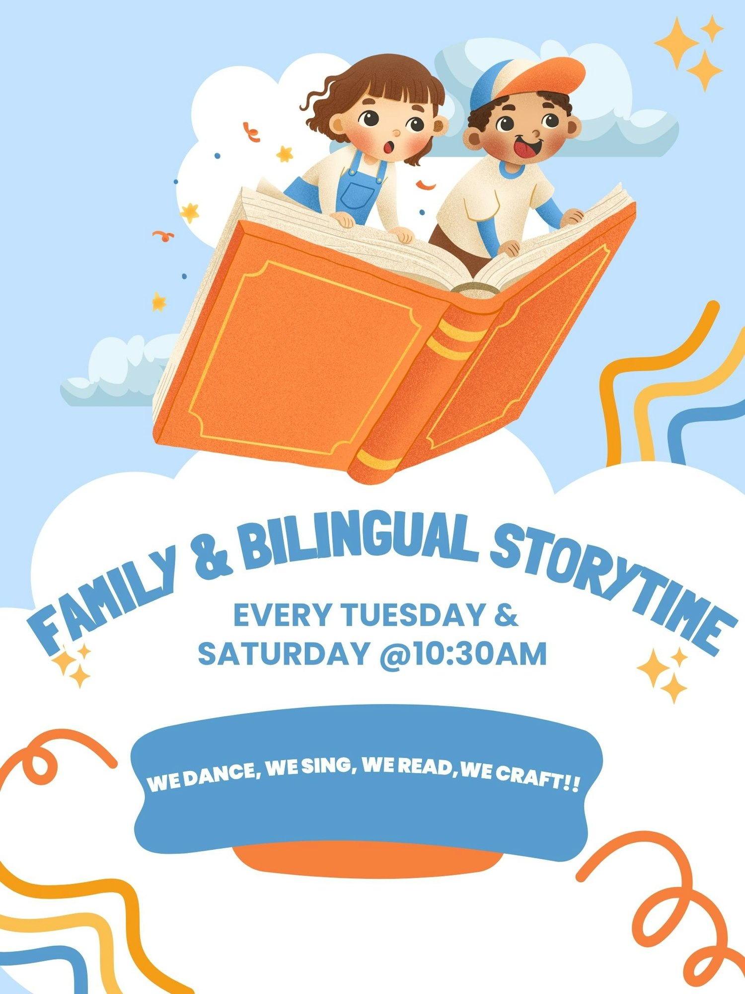 Illustration of kids on a flying book with text: "Family & Bilingual Storytime, Every Tuesday & Saturday @10:30AM. We dance, sing, read, craft!"