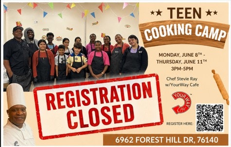 A group photo from a Teen Cooking Camp, with registration closed. Event runs June 8-11, 3-5 PM at YourWay Cafe.