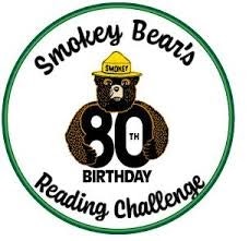 Smokey Bear's 80th Birthday Reading Challenge logo with a bear wearing a yellow hat.