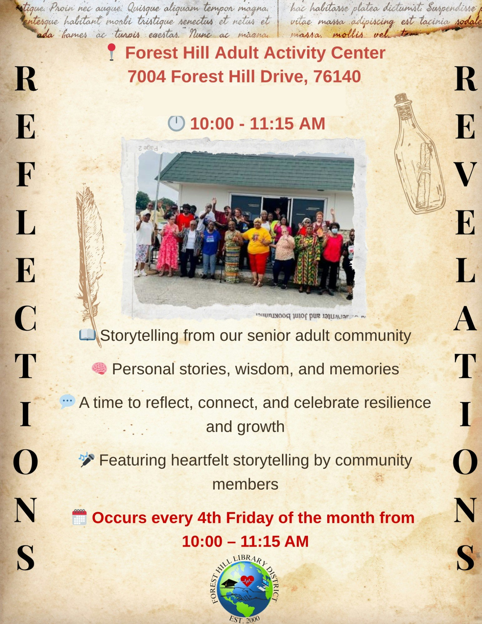 Storytelling event at Forest Hill Adult Activity Center, every 4th Friday, 10-11:15 AM. Personal stories, wisdom, and community connections.