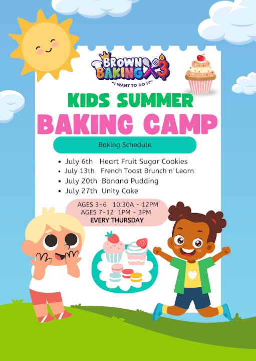 Kids Summer Baking Camp schedule with activities, dates, and times, featuring happy children and baked goods illustrations.