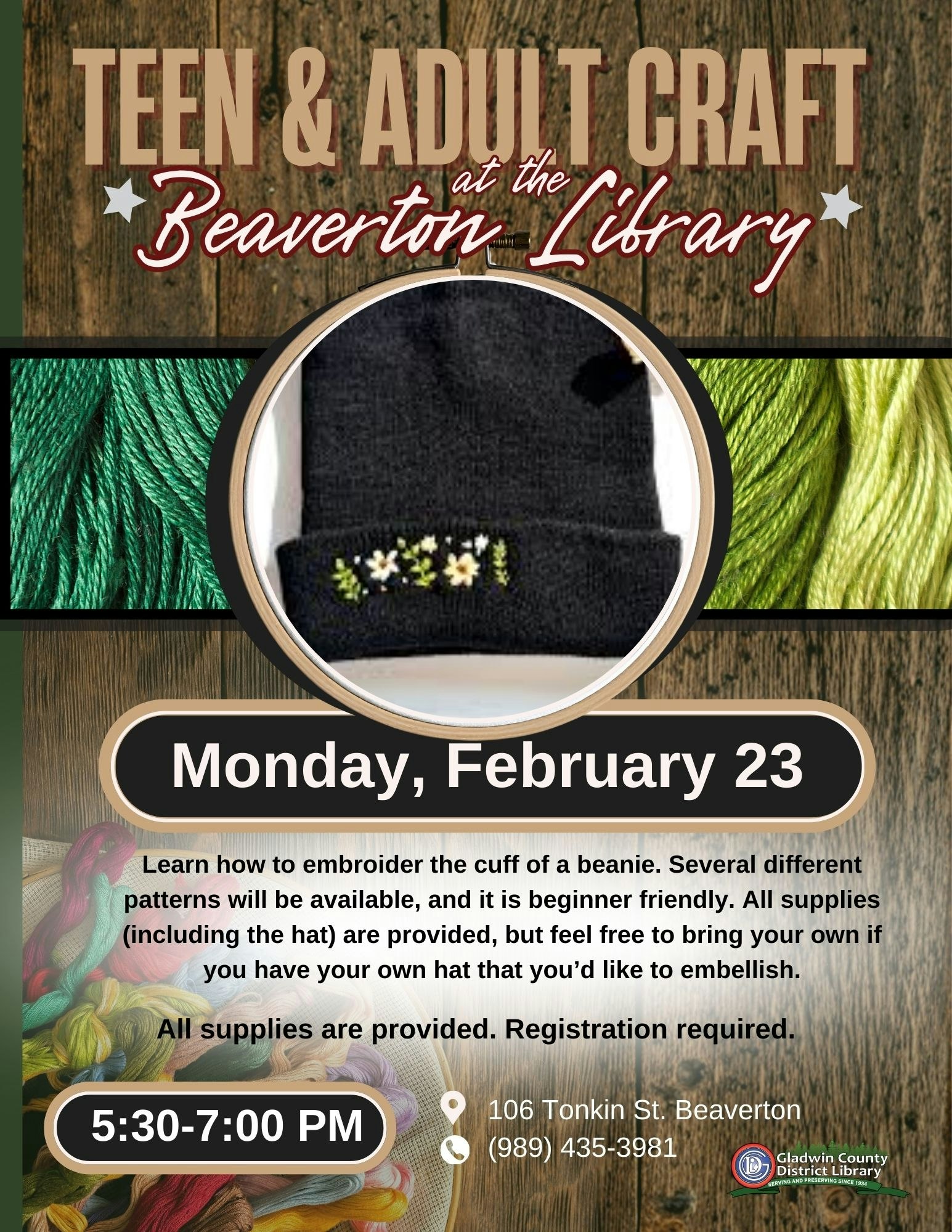 Craft event for teens & adults at Beaverton Library on Feb 23; learn to embroider beanies. All supplies provided! 5:30-7 PM.