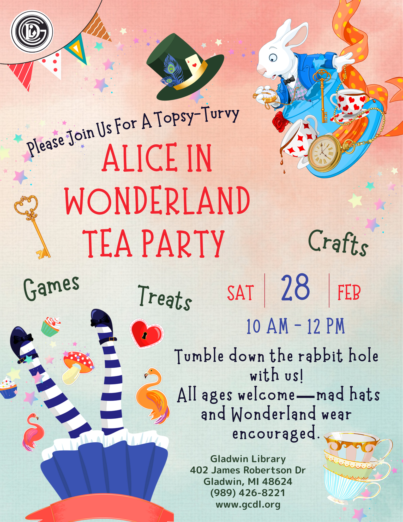 Join the "Alice in Wonderland Tea Party" at Gladwin Library on Feb 28, 10 AM - 12 PM. Fun, crafts, and treats for all ages!