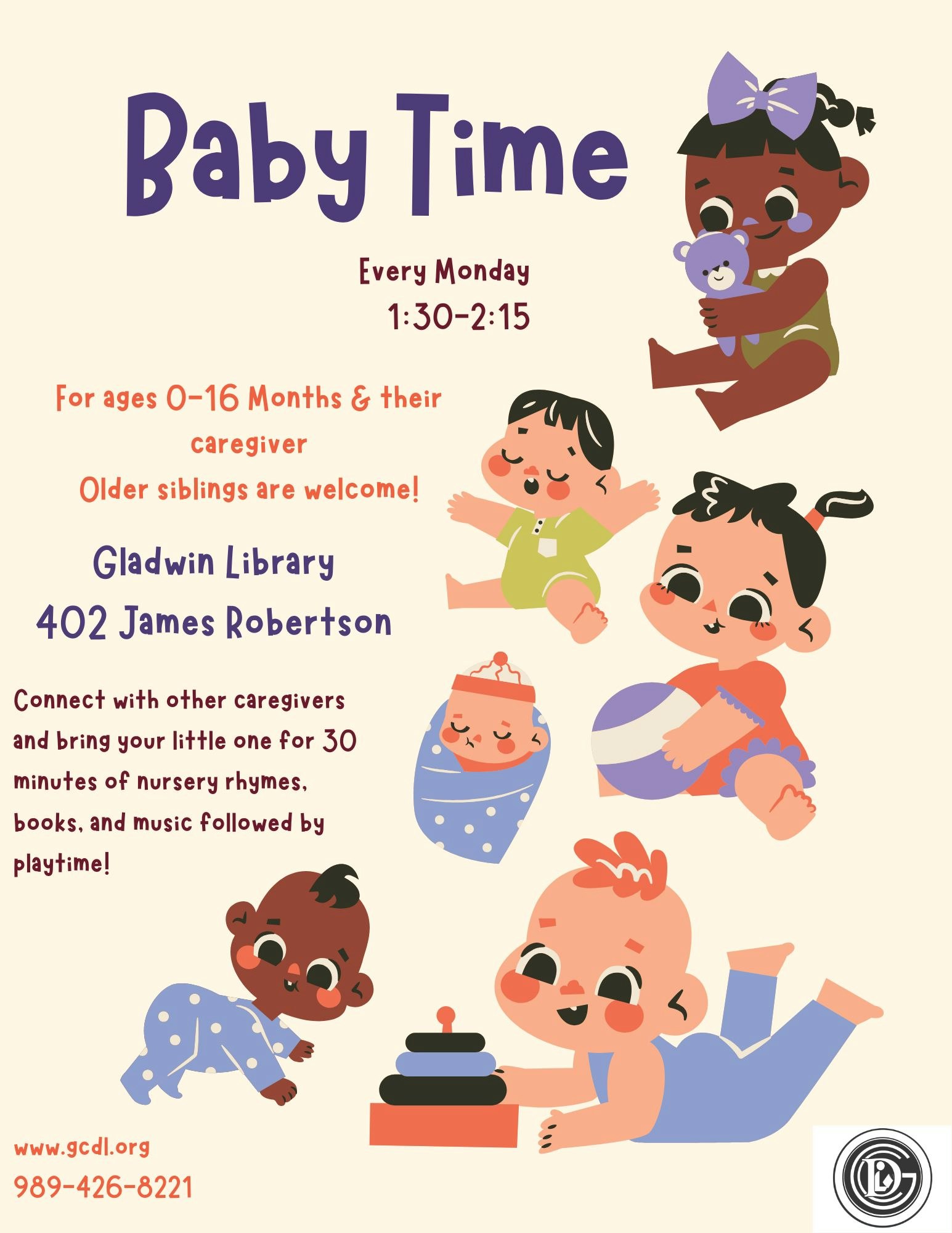 "Baby Time" at Gladwin Library every Monday, 1:30-2:15 PM for infants & caregivers, with nursery rhymes, books, and playtime.