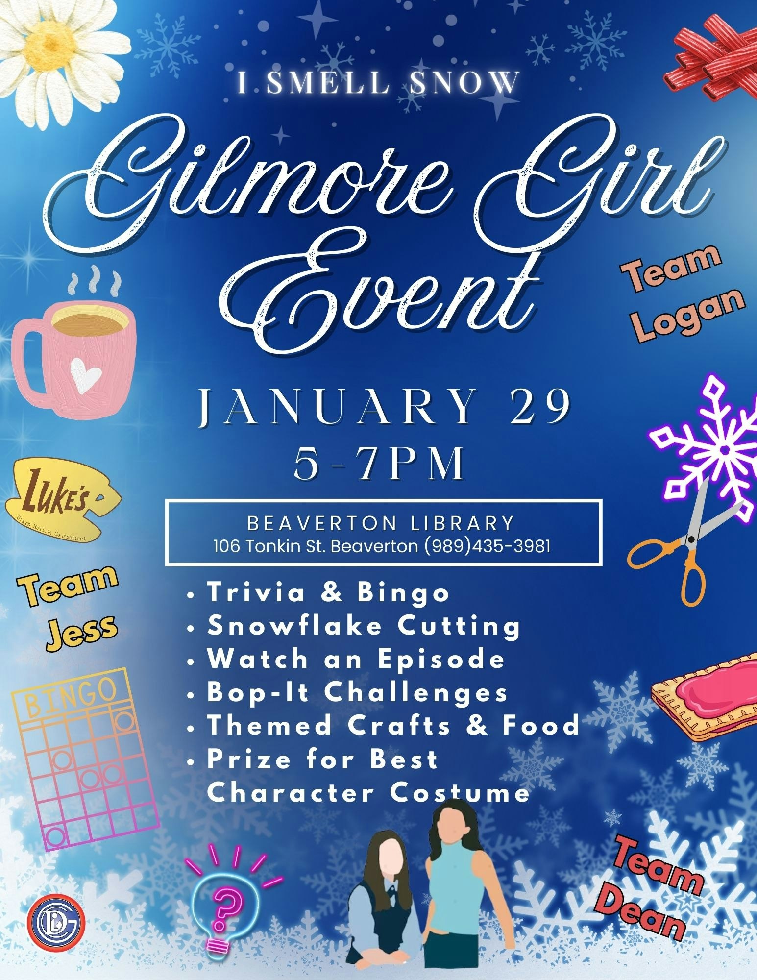 "Gilmore Girl Event" on Jan 29, 5-7 PM at Beaverton Library. Enjoy trivia, crafts, and a costume contest!
