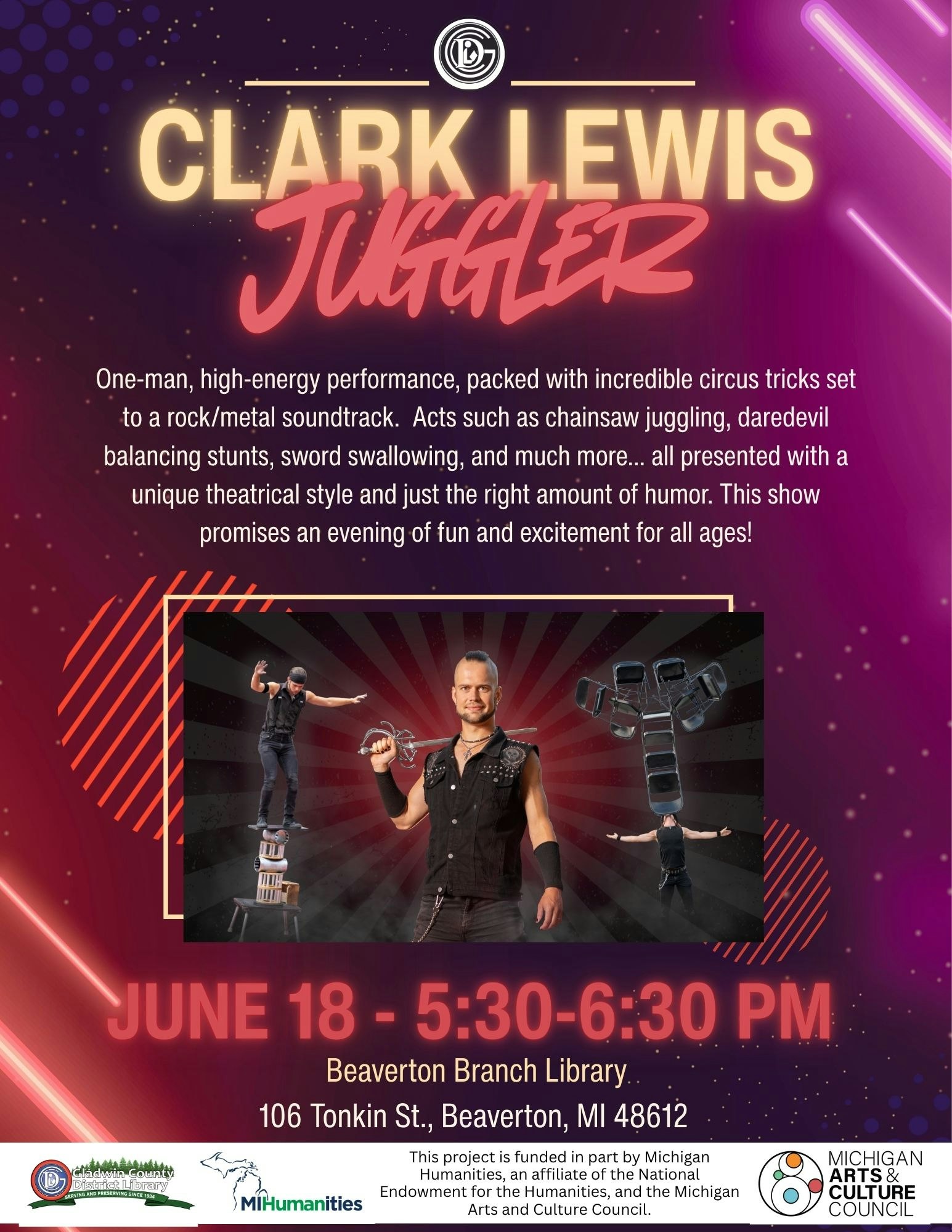 Clark Lewis, a juggler, performs high-energy circus acts with a rock soundtrack on June 18, 5:30-6:30 PM at Beaverton Library.