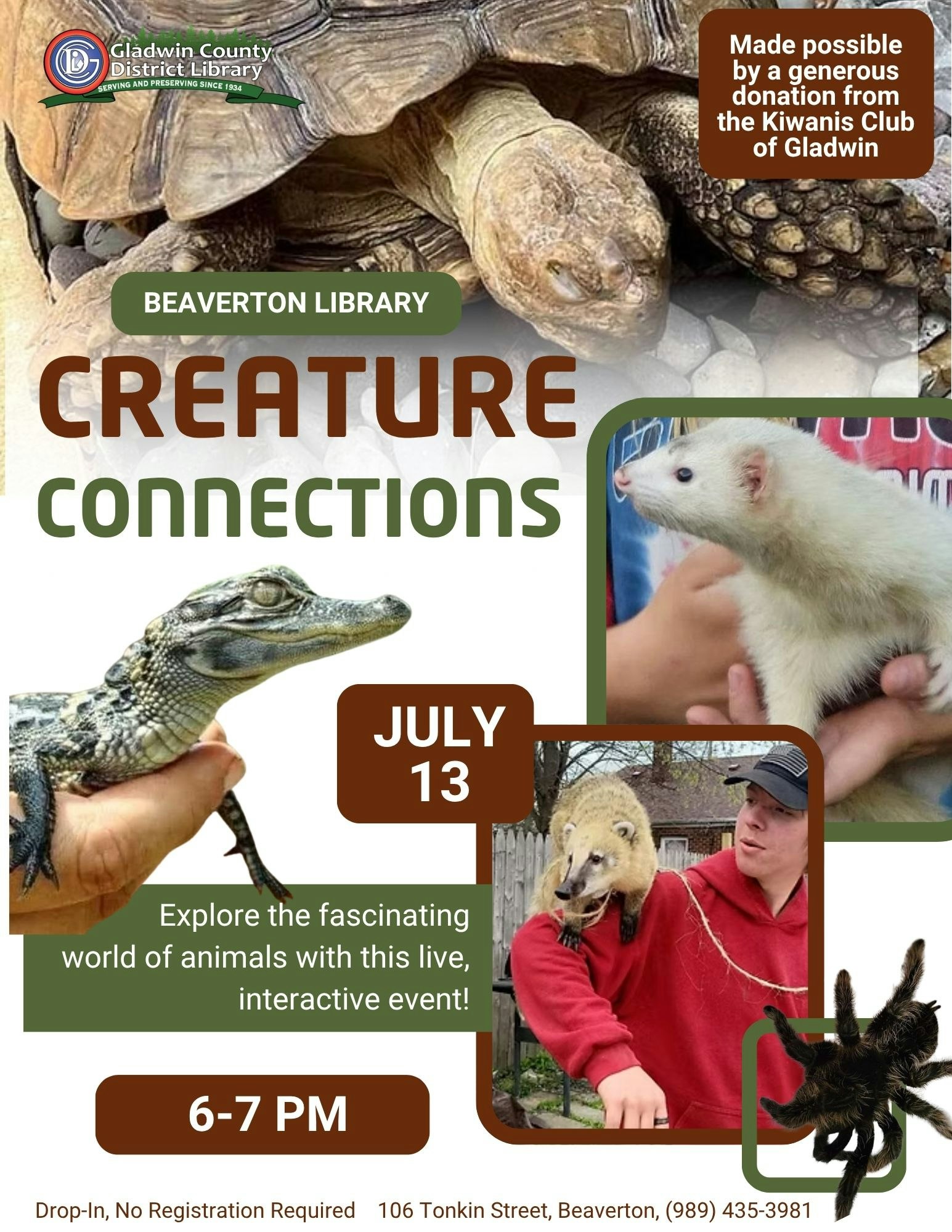 Join the Beaverton Library on July 13, 6-7 PM for "Creature Connections," an interactive animal event! No registration needed.