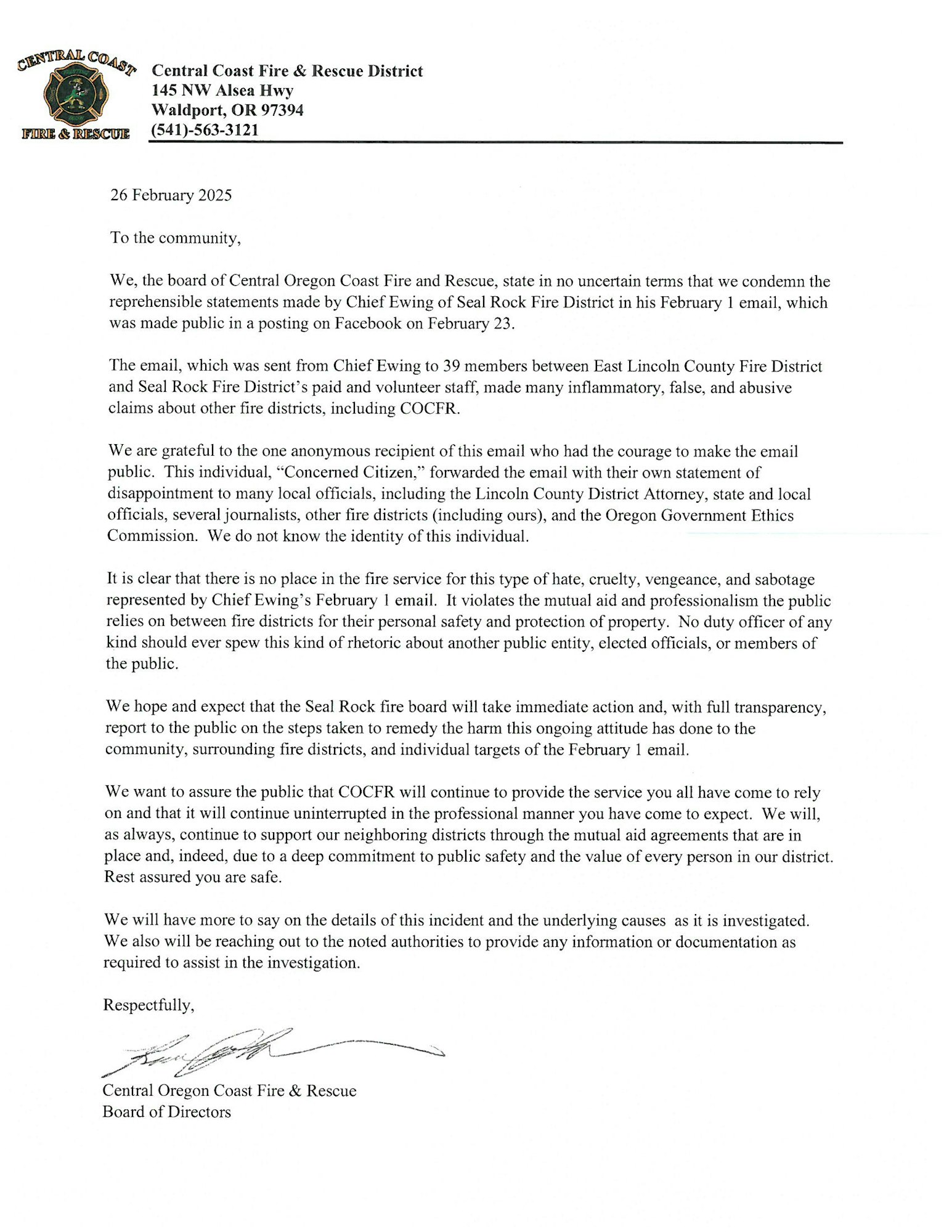 A letter condemning statements made by Chief Ewing of Seal Rock Fire, calling for action and affirming public safety.