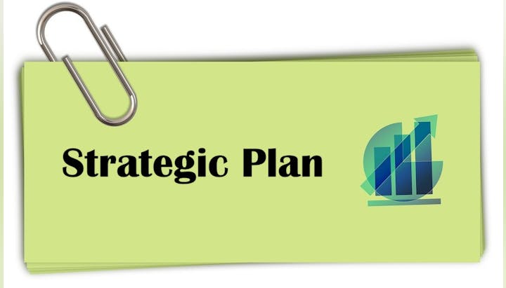 A green card with "Strategic Plan" text, a paperclip, and a graph icon indicating growth.