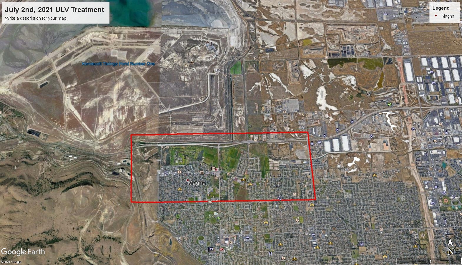 A satellite map of Magna, Utah, showing areas for ULV treatment, with key locations and landmarks highlighted.